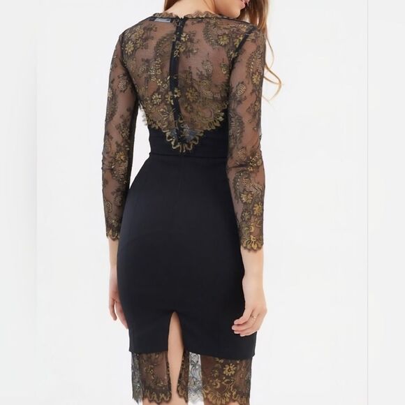 Karen Millen Dresses & Skirts - Karen Millen Black & Gold Lace Panel Pencil Dress - Size 4